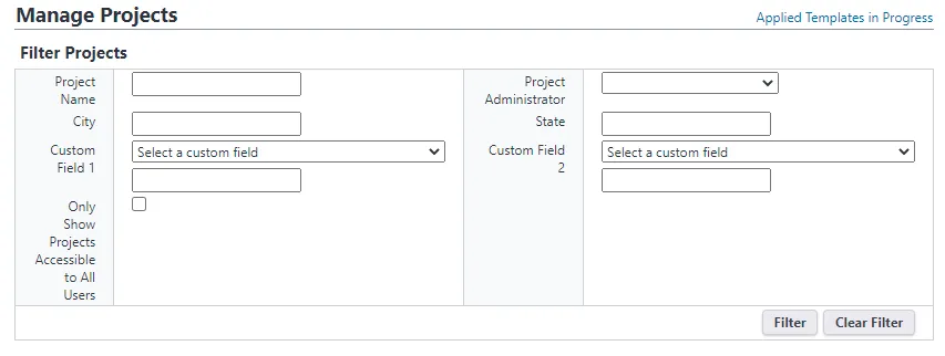 manage projects filter screen